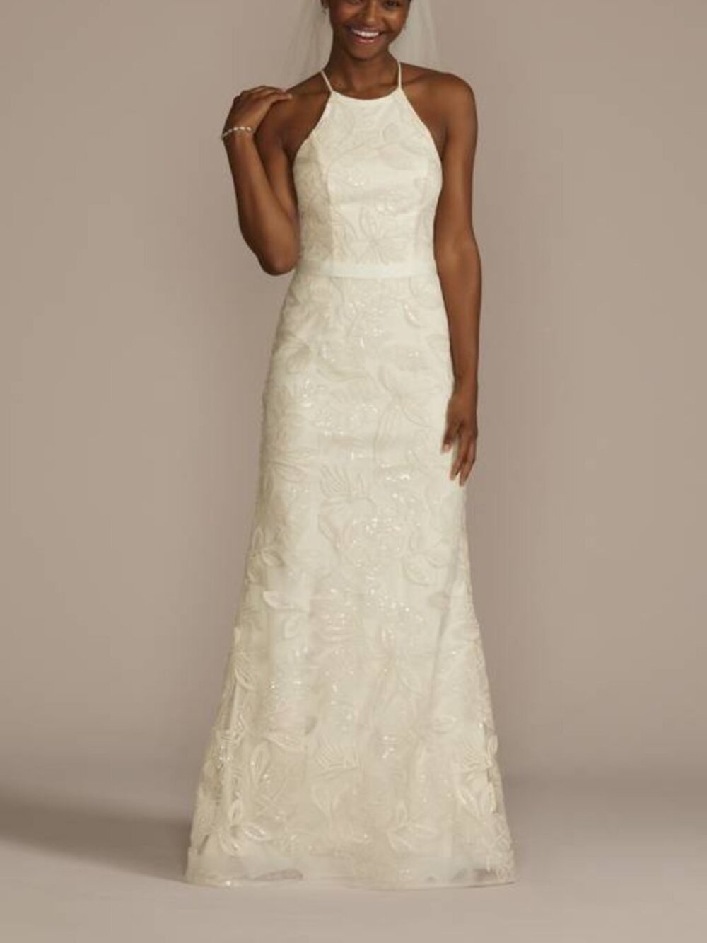 David’s Bridal DB Studio Sequin Leaf Appliqué High Neck Gown Size 8 NWT